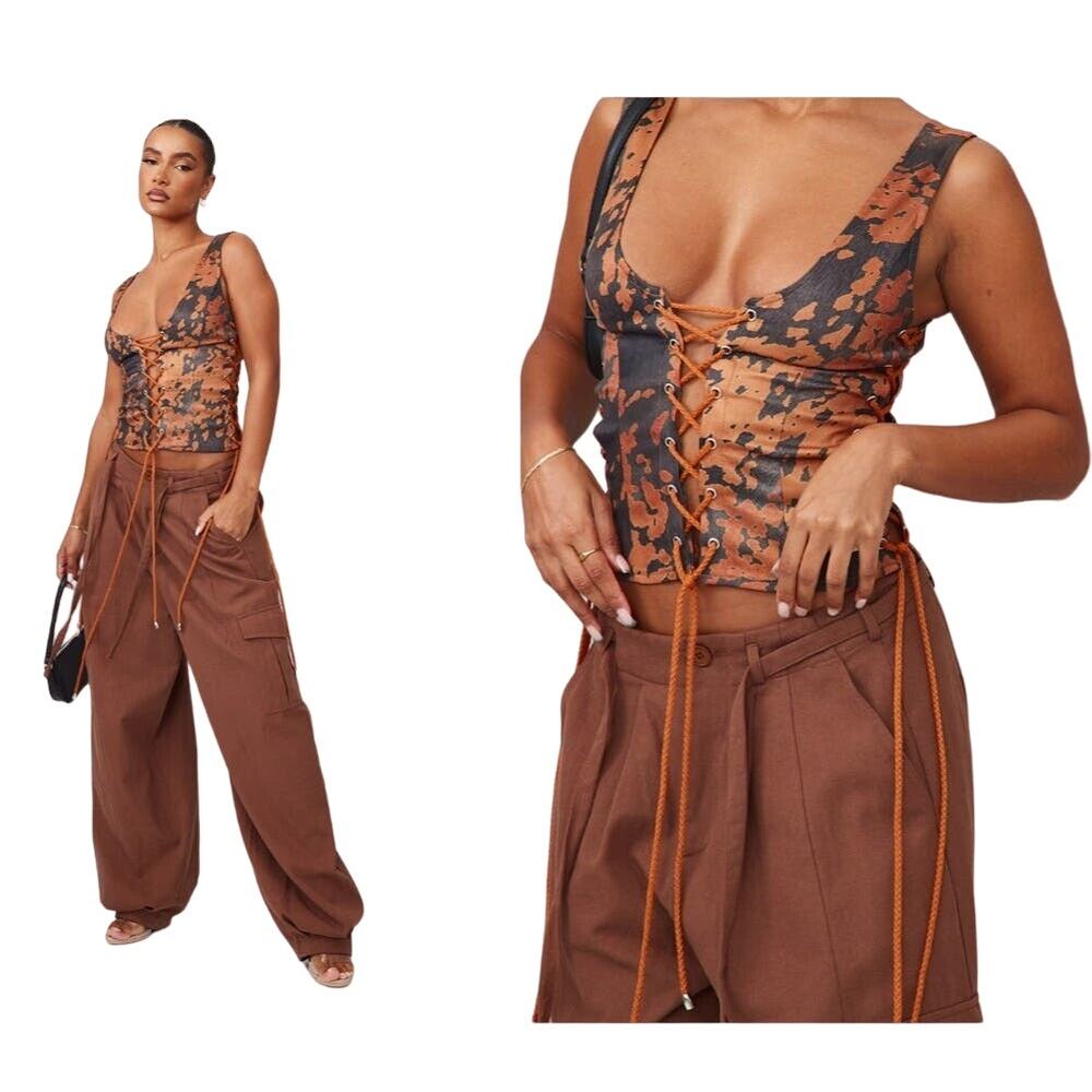 PrettyLittleThing Brown Black Cow Print Woven Scoop Neck Lace Up Cropped Top 12 - Picture 4 of 16